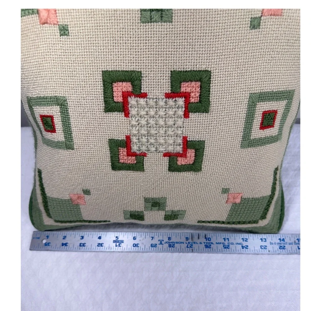 Vintage Handmade Needlepoint Throw Pillow Geometric Art Deco Green Pink 14x14